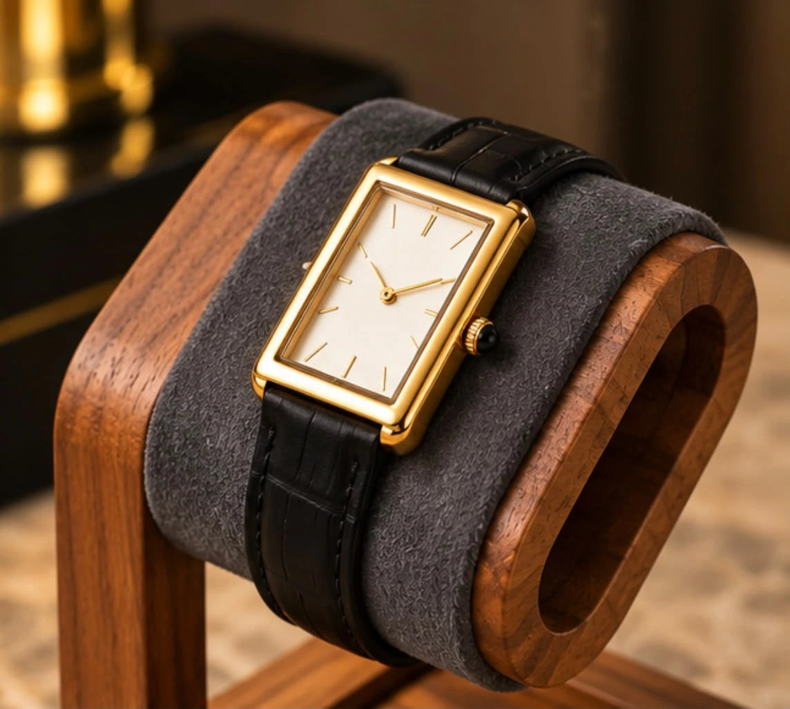 Présentoir à montres en bois, vue de profil
