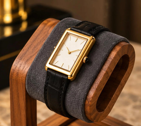 Présentoir à montres en bois, vue de profil