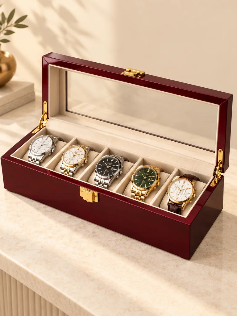 An exact Écrin Cinq watch case open and dominant, filled with five ordinary watches on five ivory su