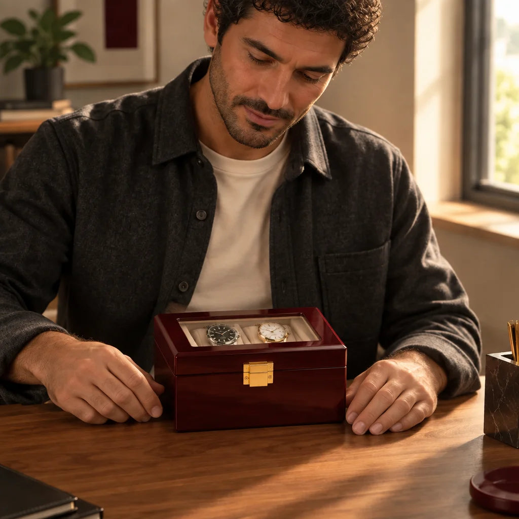 Keep the exact person, walnut desk, square framing, warm morning light, product identity, and visual