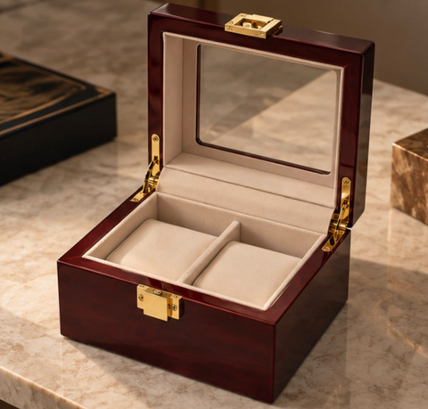 Boîte à montres bordeaux ouverte et vide, intérieur en suédine ivoire