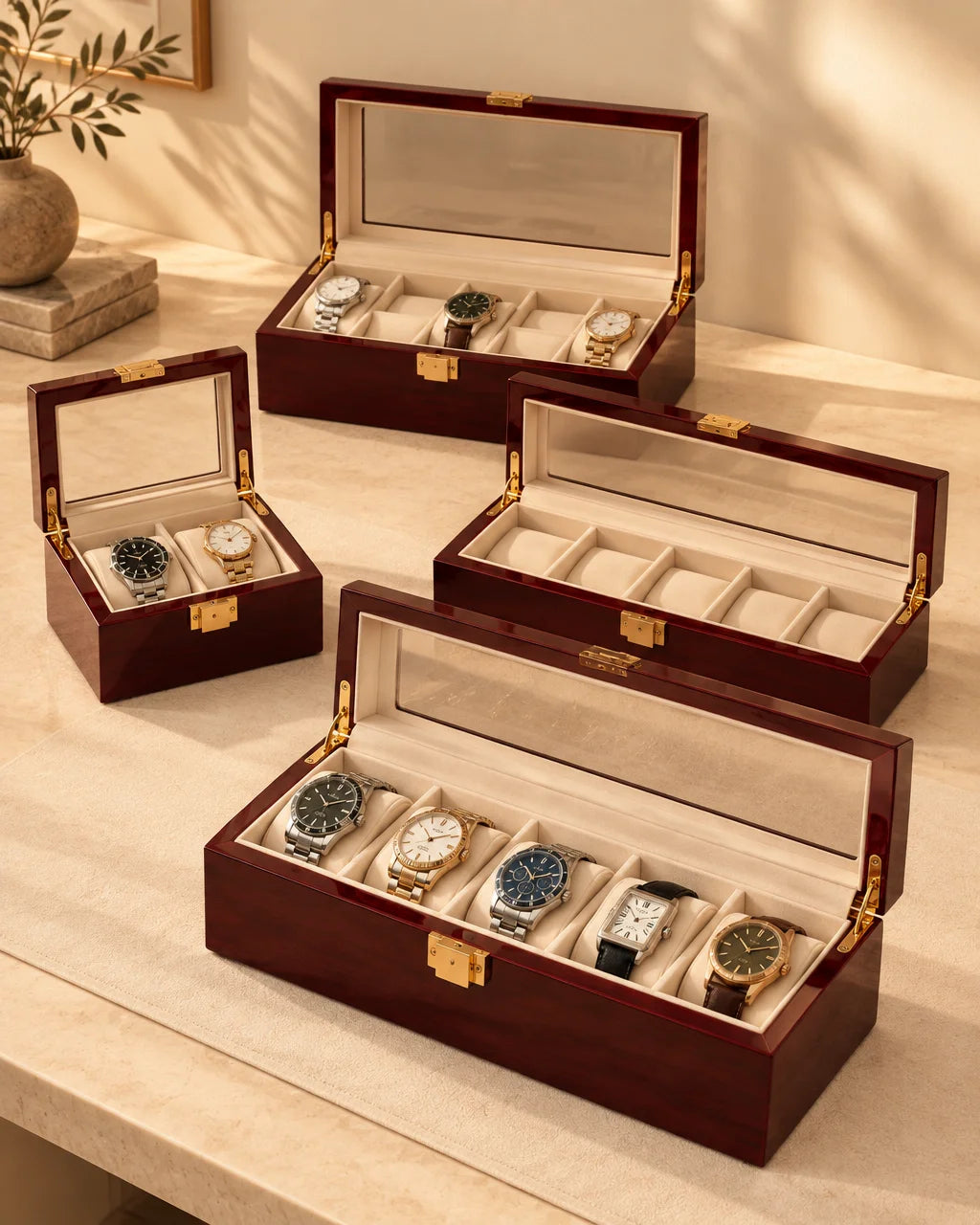 Three exact Écrin Horae watch cases, an open Écrin Deux, open Écrin Cinq, and open Écrin Dix, arrang