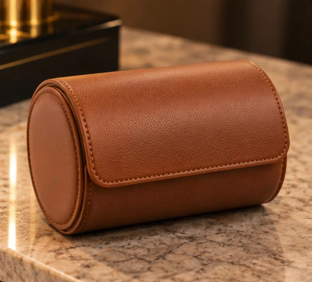 Étui de voyage cognac pour 2 montres, ouvert et vide