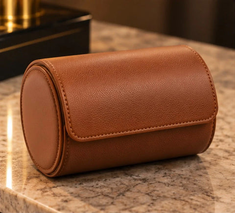 Étui de voyage cognac pour 2 montres, ouvert et vide