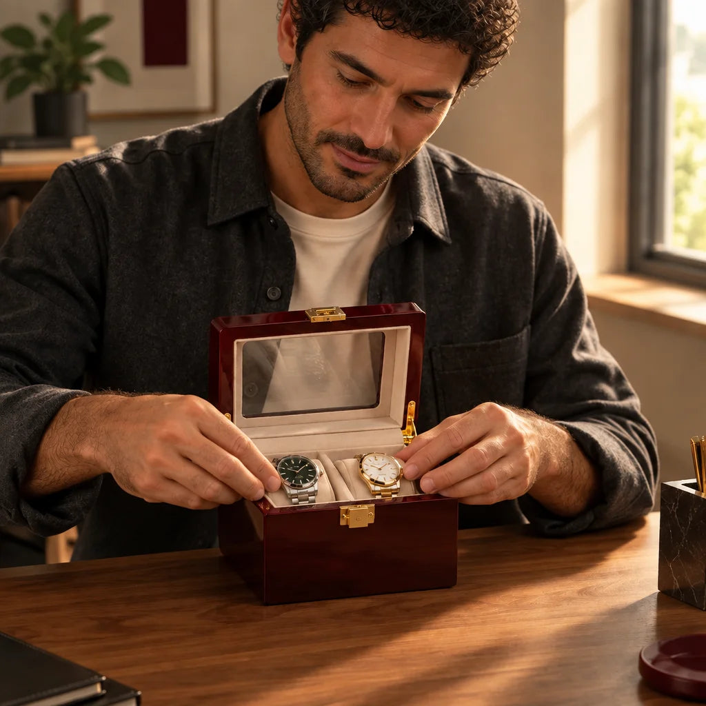 Keep the exact person, walnut desk, square framing, warm morning light, product identity, and visual