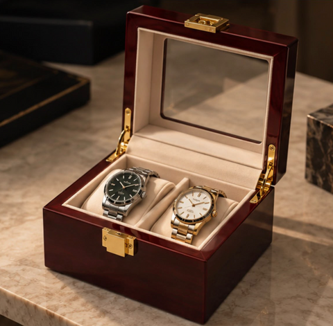 Boîte à montres bordeaux ouverte, montres posées sur leurs coussinets ivoire