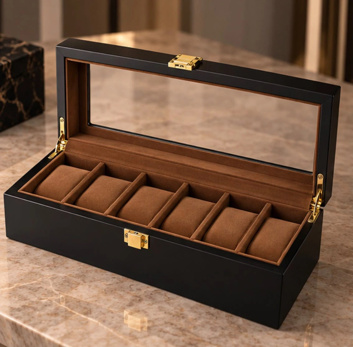 Boîte de rangement pour montres noire, cadrans visibles sous le verre