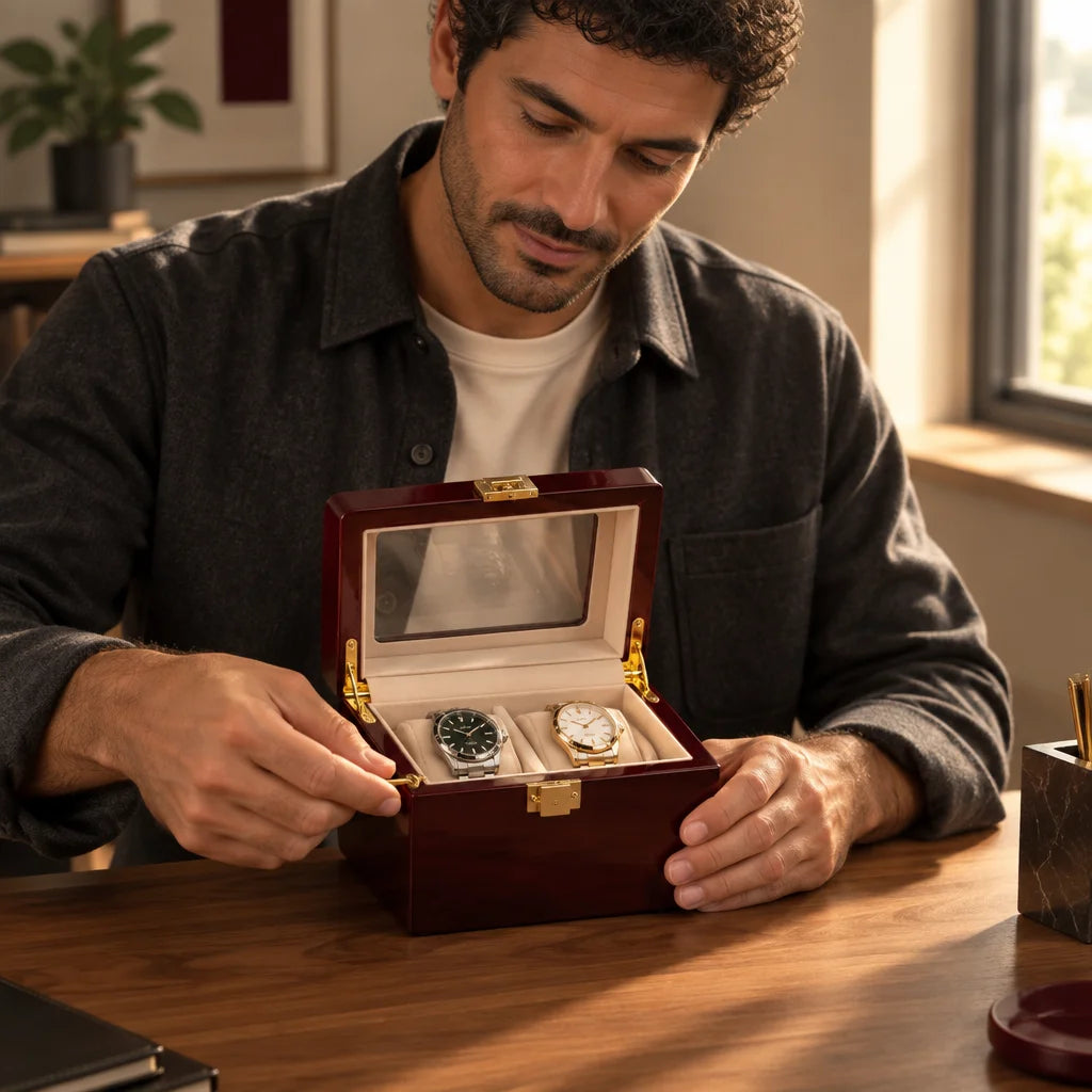 An exact Écrin Deux watch case dominates the foreground, glossy deep burgundy lacquer, ivory suede i