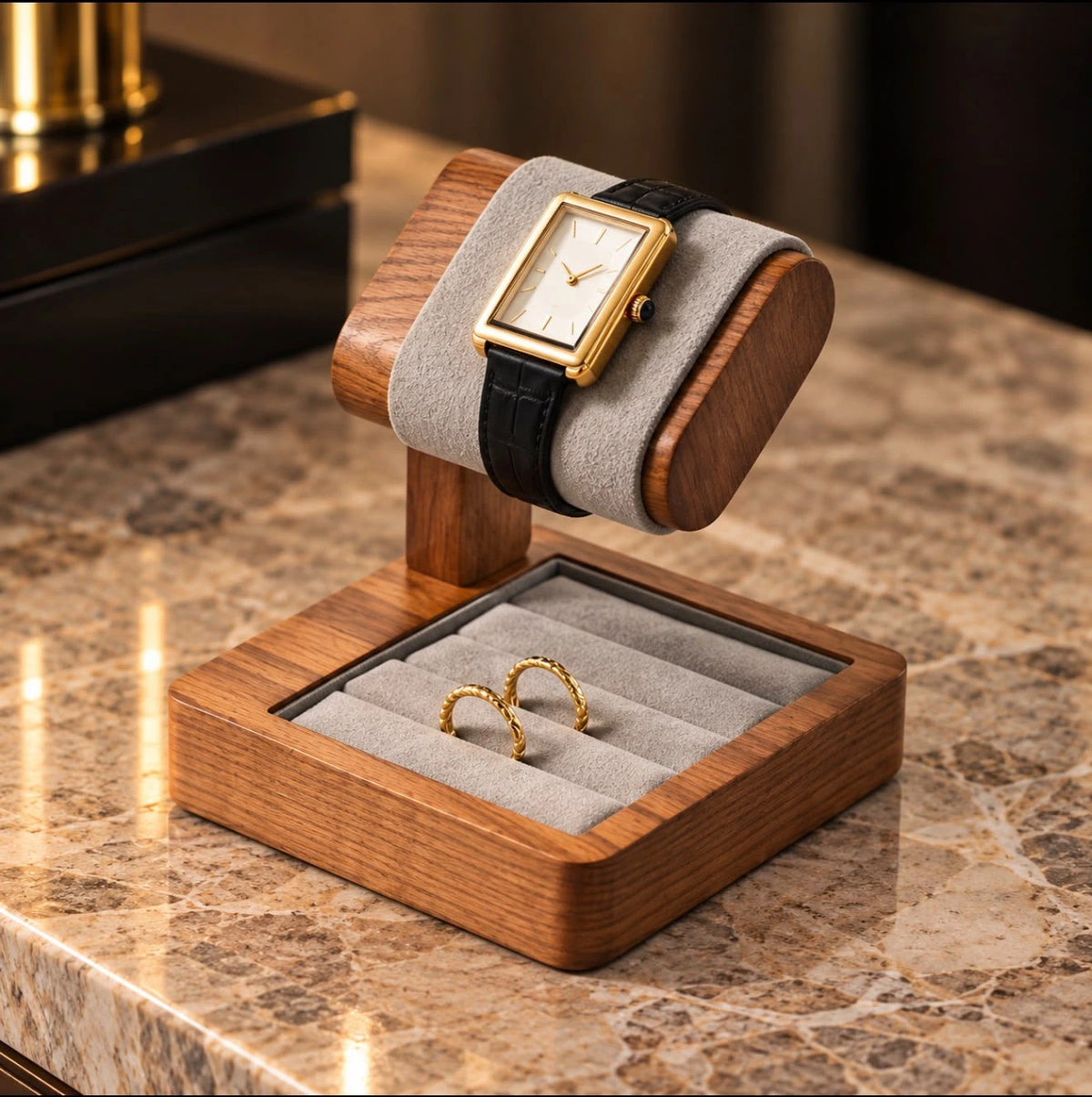 Présentoir en bois pour deux montres et bijoux