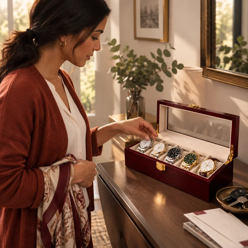 An exact Écrin Cinq watch case open and nearest to the viewer on a lived-in hallway console, with fi