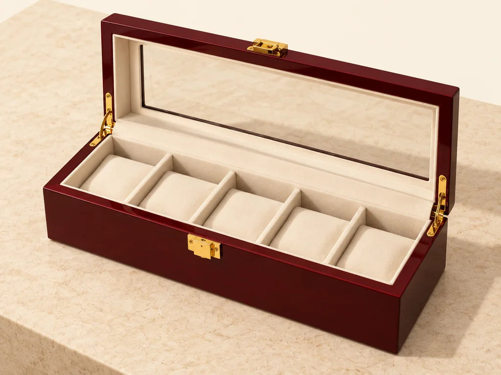 An exact Écrin Cinq watch case open and empty, viewed from above at a gentle angle so all five ivory