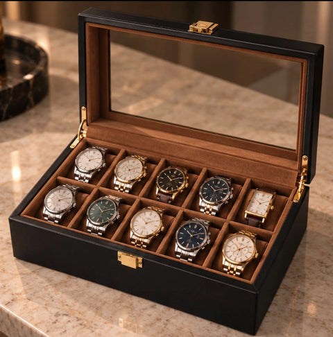 Coffret à montres noir à couvercle vitré, vue d'ensemble