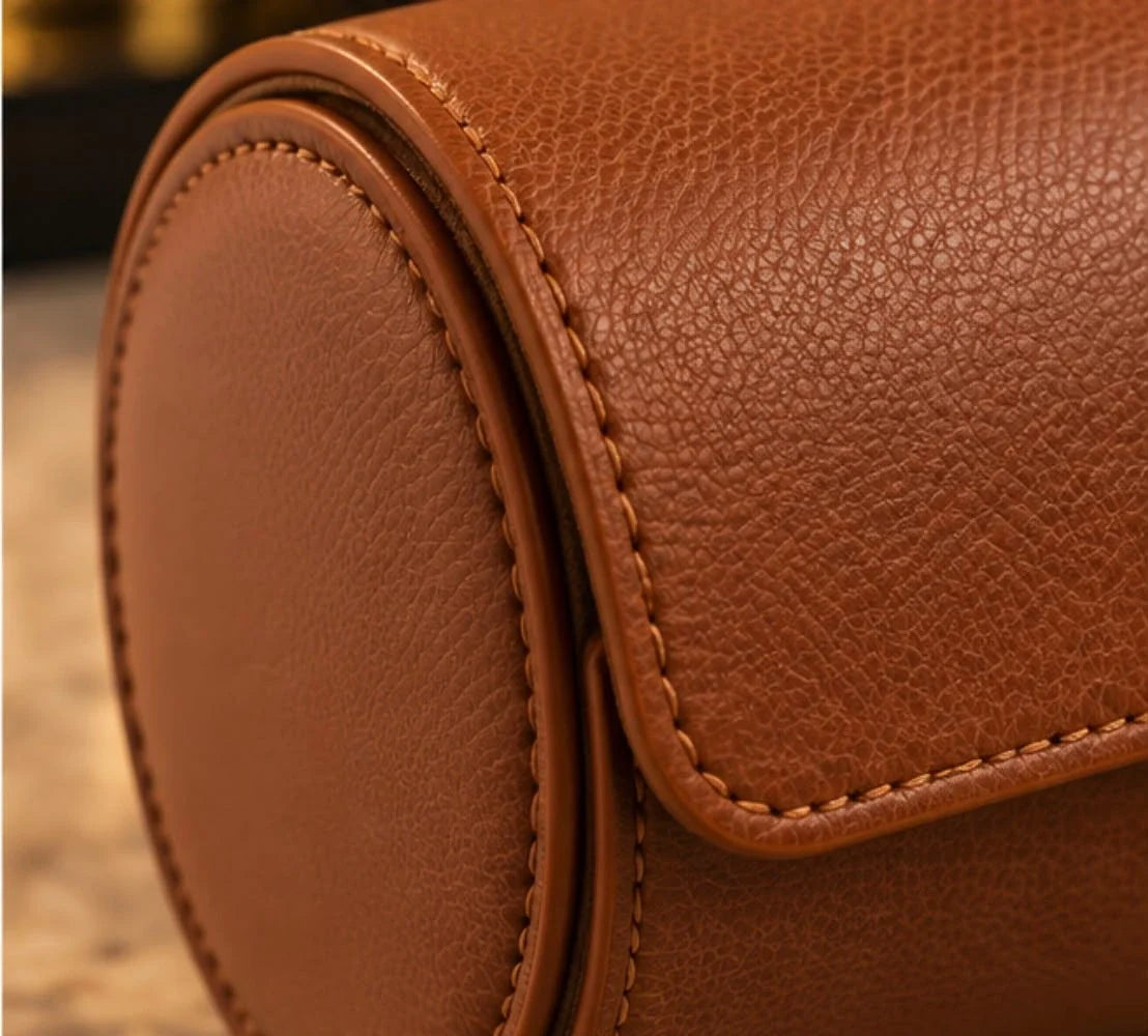 Étui de voyage cognac pour 3 montres, ouvert et vide