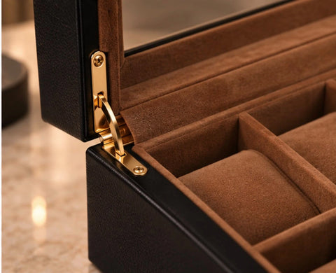 Écrin noir pour collection de montres, intérieur brun