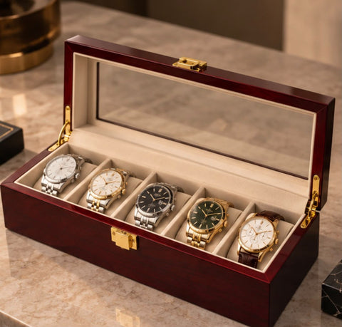 Écrin à montres en bois laqué bordeaux, vue réelle