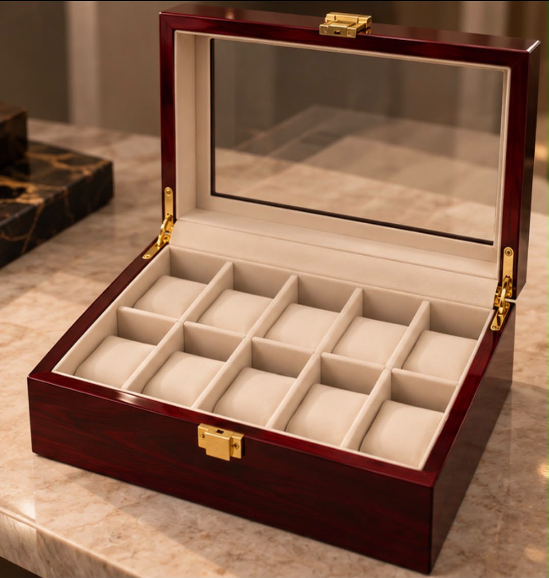 Coffret à montres bordeaux à couvercle vitré