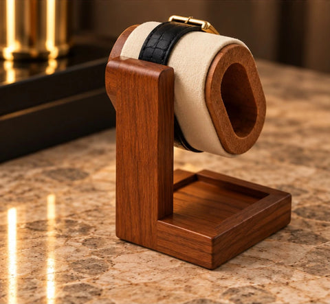 Présentoir à montres en bois, vue de biais