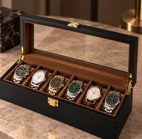 Boîte à montres noire 6 emplacements à couvercle vitré